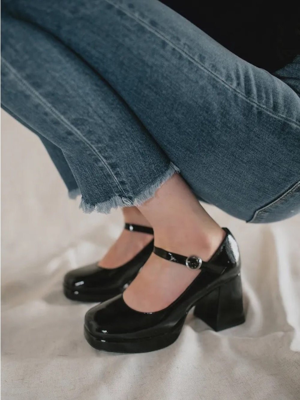 Steve Madden Mingle Black Vegan Patent Leather Platform Mary Jane Block Heels 8M